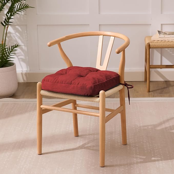Chair Cushions for Dining Chairs, Dining Chair Cushions, Tufted Indoor Chair Pads with Ties & Non Slip Backing, Seat Cushions for Kitchen Chairs 16.5” x 16.5” x 3.5”, Set of 6, Red