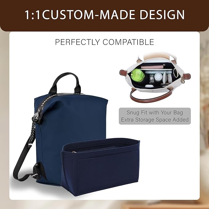 Premium Felt Purse Organizer Insert for Longchamp Le Pliage, Zipper Long Champ Bag Organizer Insert with Cup Holder, 9 Compartments