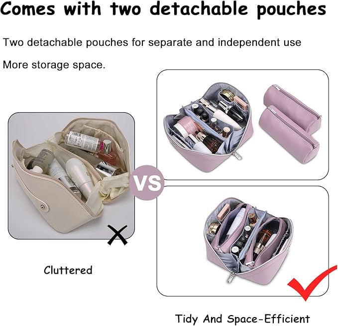 BOYATU Travel Makeup Bag Organizer Cosmetic Bag: 3 Pcs Set Make up Bags for Women with Handle - Waterproof Vegan Leather Toiletry Bags Travel Essentials Pouch with Compartments (C-06-Purple)
