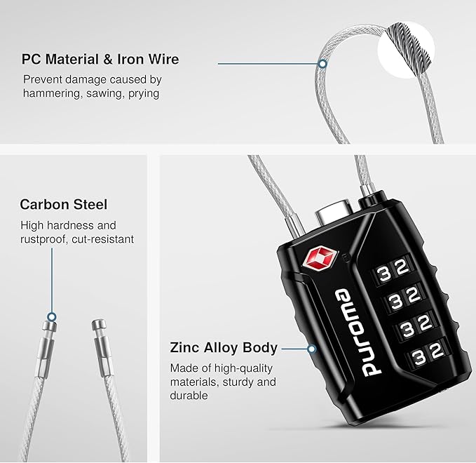 Puroma 2 Pack TSA Approved Luggage Locks, 4 Digit Combination Travel Cable Locks Resettable Code Lock with Zinc Alloy Body for Suitcase, Toolbox, Backpack, Bag, Gym Locker (Black)