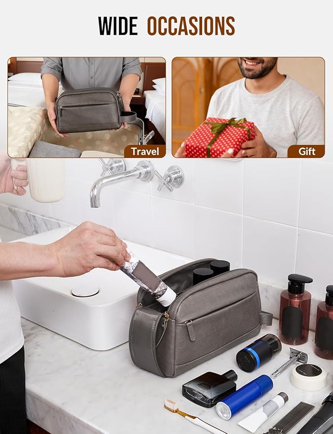 PU Leather Toiletry Bag for Men - Water Resistant Travel Bag for Toiletries, Bathroom Essentials, Accessories - Grey