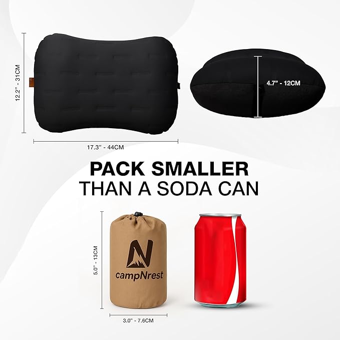 Inflatable Camping Pillow - Ultralight Compact Air Pillow for Travel, Backpacking & Hiking - Ergonomic Neck & Lumbar Support - Portable Inflatable Pillow with Removable Washable Cover - (Black)