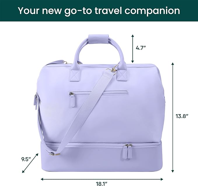 NOBL Travel Weekender Bag for Women & Men, Large Duffel Carry-On Tote with Trolley Sleeve, Separate Shoe Compartment & Laptop Pocket, Leather Overnight Bag for Airplane, Gym, Road Trips - Lavender