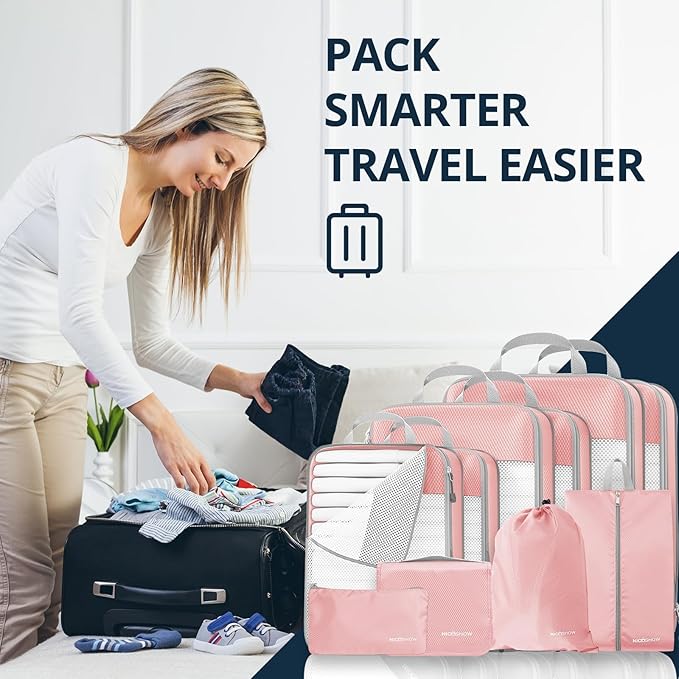 Compression Packing Cubes 10 Set, Compressible Space-Saving Packing Cubes for Travel - Compression Bags, Luggage Organizer, Travel Essentials for Women, Pink