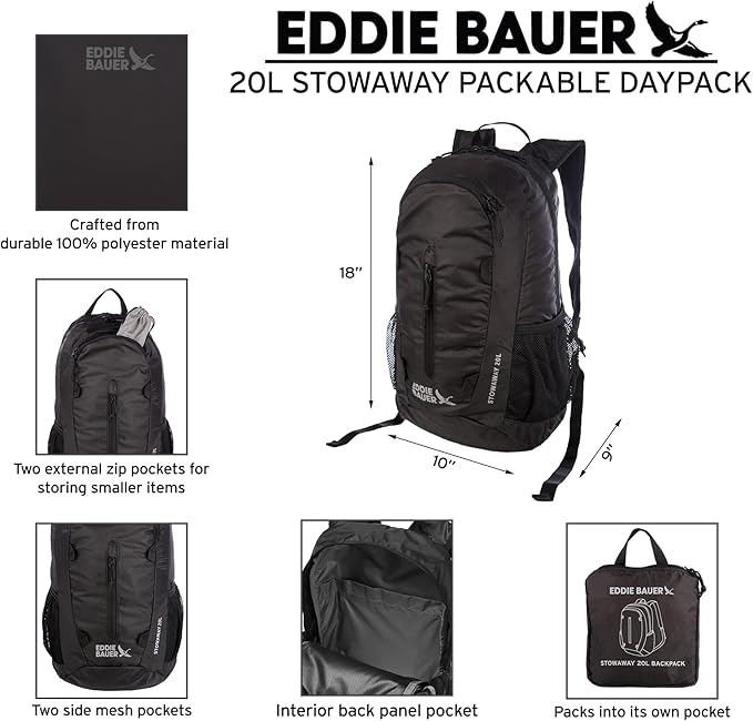 Eddie Bauer Stowaway Packable Backpack | Travel | Outdoor | Lightweight | Foldable | Durable | Ripstop Polyester | 20L - Blue Fog