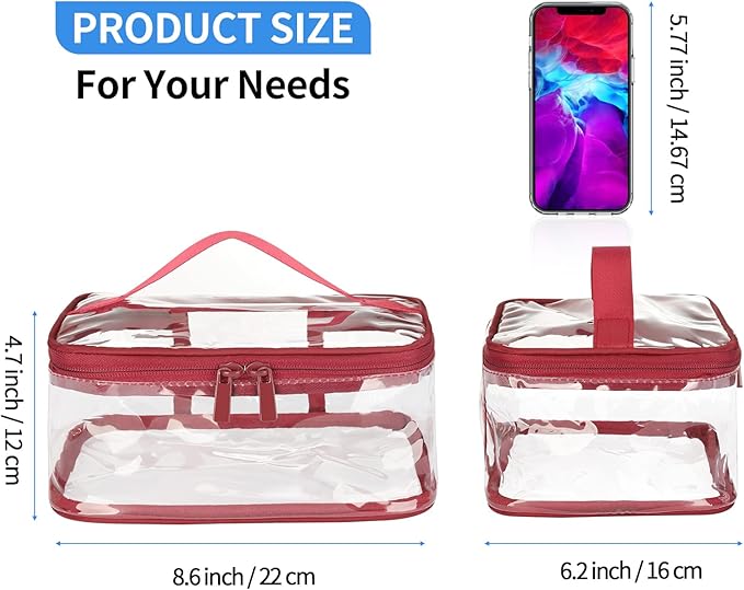HAOGUAGUA 2 Pieces Clear Makeup Bags Cosmetic Toiletry Bags for Traveling, Waterproof Travel Transparent TSA APPROVED Carry On Airport Airline Compliant Bag (2 PIECES RED)
