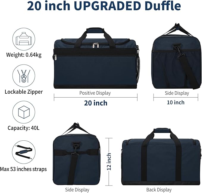 Gym Bag 20 inch Sport Duffle Bag for Men - 40L Weekender Duffel Bag for Travel - Navy Blue