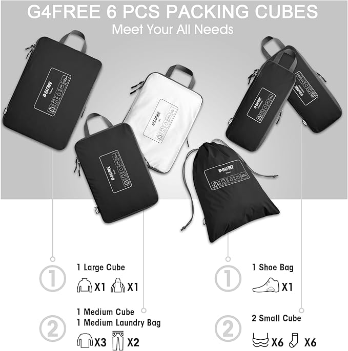 G4Free 6 Set Compression Packing Cubes, 3 sizes Travel Packing Organizers for Suitcases, Expandable Luggage Suitcase Storage Bags Set, Lightweight Packing Cubes Travel Essentials
