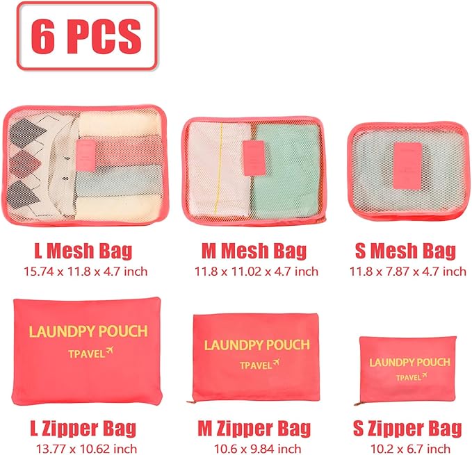 6 Set Packing Cubes for Travel Luggage Packing Bags Reusable Waterproof Suitcase Organizer Bags Set with Shoe Bag and Toiletry Bag (Watermelon Red‌)