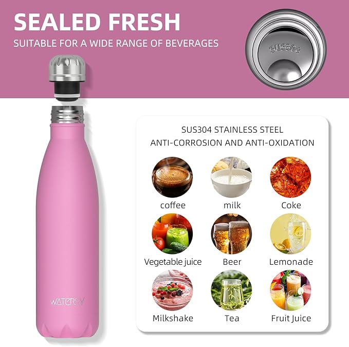 WATERSY Stainless Steel water bottles,17oz/500ml Insulated Water Bottles,Gloss Pink metal water bottle Keeps Drink Cold and Hot,BPA Free kids water bottles for School,Gym,Travel,Sports