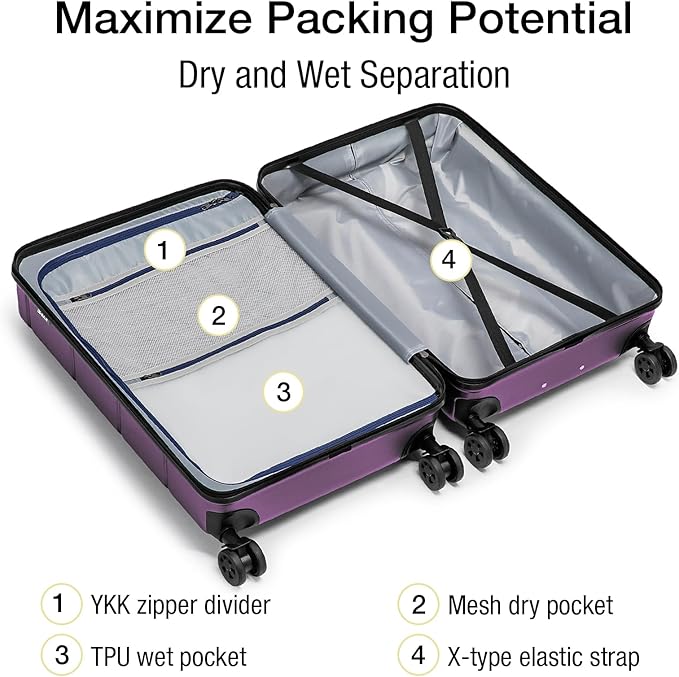 KYME Luggage Sets 2 Piece Suitcase Set Hardshell 20 inch/24 inch Luggage with Spinner Wheels Hardside PC+ABS Checked Medium Suitcase with TSA Lock for Women Dark Purple