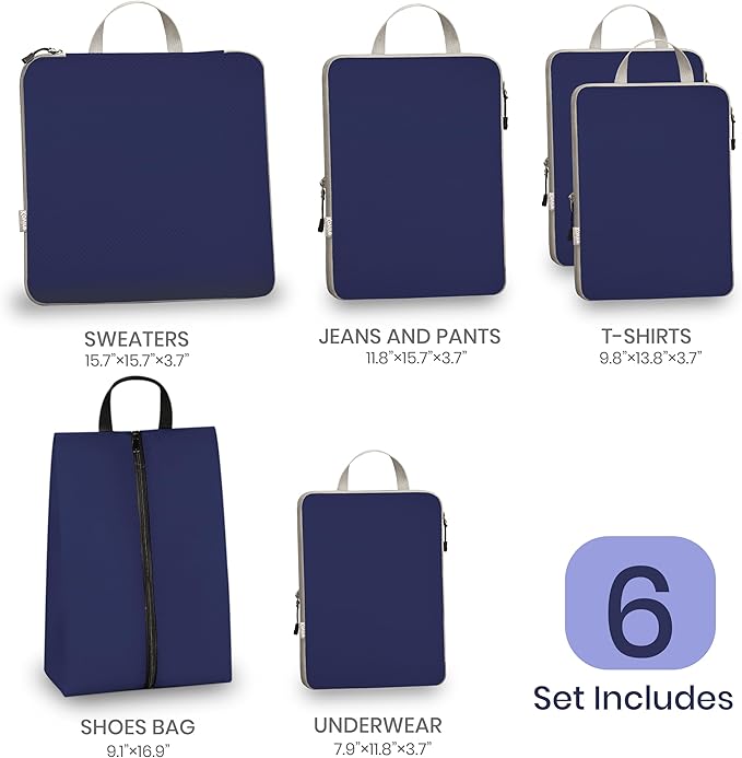 Compression Packing Cubes for Travel, Set of 6 Expandable Luggage Organizers with Shoe Bag, Lightweight Water-Resistant Suitcase Essentials for Carry-on & Checked Luggage, Blue