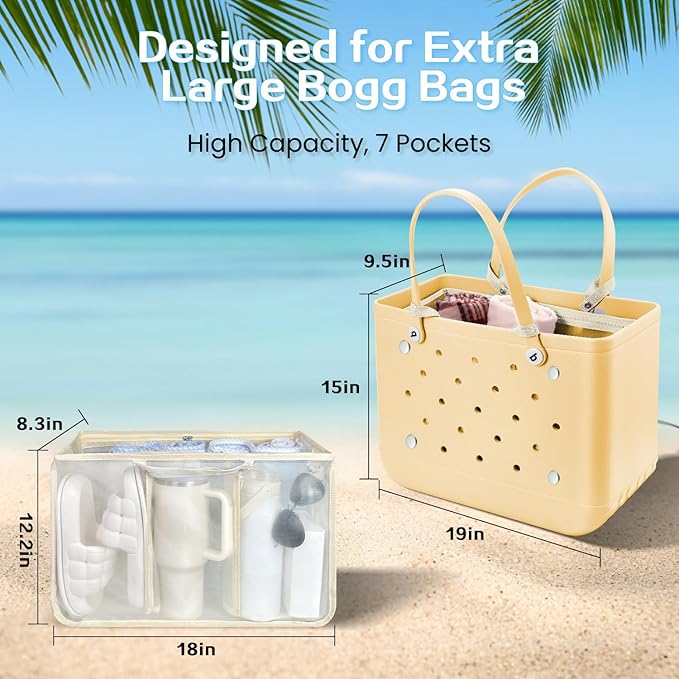 XYFuuee Beach Bag Organizer Inserts for Original Large Bogg Bag Accessories with 8 Removable Metal Fasteners, Lightweight Mesh Insert Divider Pouch, Organizing Rubber Tote, Save Space, Khaki XL