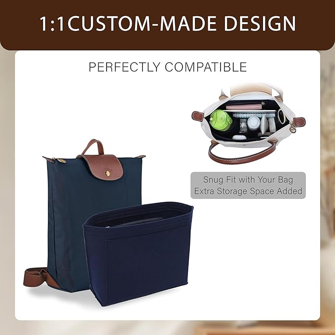 Premium Felt Purse Organizer Insert for Longchamp Le Pliage, Zipper Long Champ Bag Organizer Insert with Cup Holder, 8 Compartments
