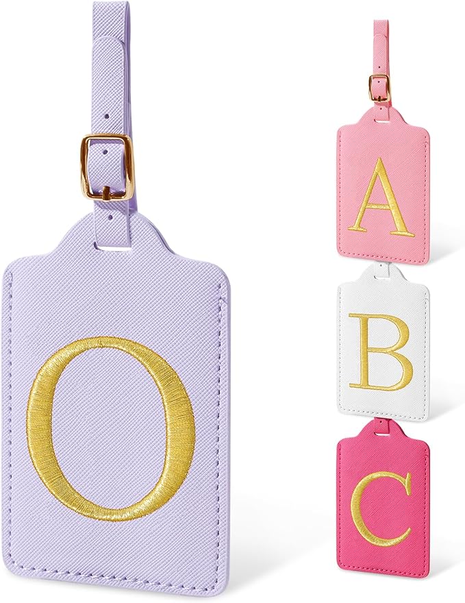 Initial Letter Luggage Tags for Suitcases, Personalized Embroidered Letter Luggage Bag Suitcase Identifier Name Tag, Cute PU Leather Travel Luggage Tags, Bag Tags for Luggage Handbags(Purple O)