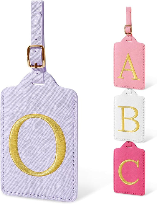 Initial Letter Luggage Tags for Suitcases, Personalized Embroidered Letter Luggage Bag Suitcase Identifier Name Tag, Cute PU Leather Travel Luggage Tags, Bag Tags for Luggage Handbags(Purple O)