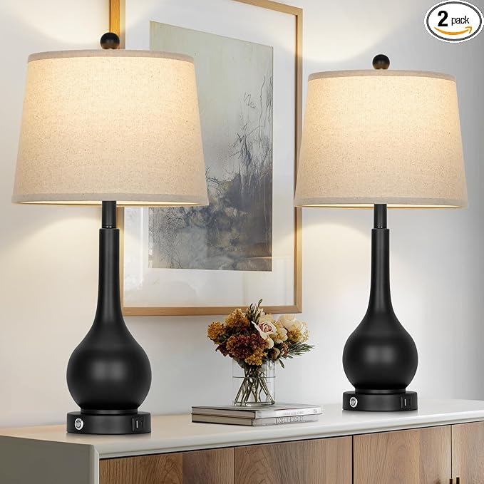 26" Black Table Lamps Set of 2 for Living Room, Touch Control Bedside Lamp for Bedroom, 3-Way Dimmable Nightstand Lamp with USB A+C Port (2 LED Bulbs Included)