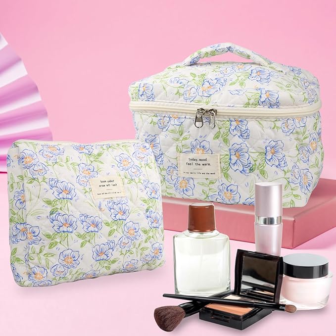 Cute Makeup Bag for Women(2 Pcs), Travel Cosmetic Bags, Quilted Coquette Aesthetic Floral Toiletry Organizer Bag (Blue Flower)
