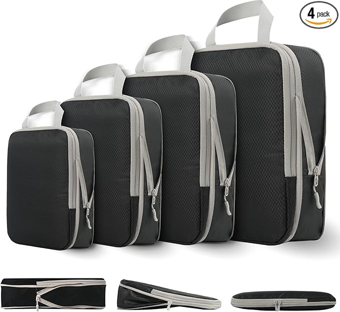 Compression Packing Cubes for Travel, 4 Set Expandable Packing Organizers, Lightweight Luggage Organizer Bags, Travel Essentials for Carry on, Handy Helper for Organizing Clothes，Black