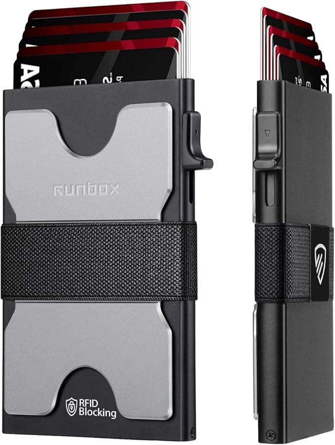 RUNBOX Slim Card Holder Wallet for Men, Minimalist RFID Blocking Wallet with Pop-Up Function, Ultra-Thin Design, Metal Business Card Cases holds 6+6 Cards, Gifts for Men, Men's Accessories