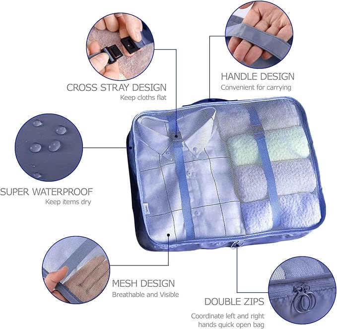 8 Set Packing Cubes for Suitcases Travel Luggage Packing Organizers,Travel Essentials Accessories Luggage Organizer with Shoe Bag Tioletry/Laundry Bag（Dark Blue）