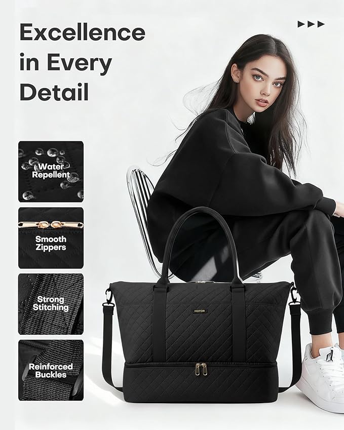 HOTOR Travel Duffel Bag - Weekender Bags for Women, Gym Tote Bags with Shoe Compartment, Carry On Overnight Bag with Toiletry Bag for Travel Essentials and Travel Accessories, Black, 15.8"×18.1"×8.7"