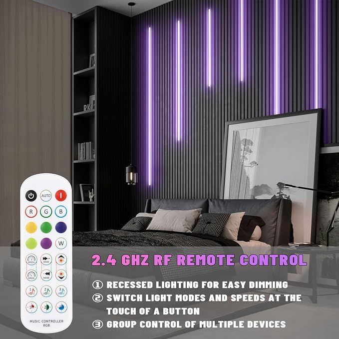 Lichaser RGB Black LED Strip Light for Wood Slat Wall Panel, 6 Pcs WiFi Smart Recessed Lighting for Acoustic Panel Compatible with Alexa, Self-Adhesive Smart LED for Slat Wall (2*24+2*16+2*13 in)