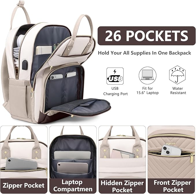 Laptop Backpack for Women Work Bag - 15.6 inch Travel Backpack Purse with USB Charger College Bookbag Waterproof Cute Casual Daypack Fashion Business Computer Backpacks for Teacher Nurse Beige Nude