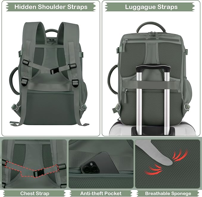 Hanples Travel Backpack as Personal Item Travel bag Flight Approved, 35L Carry on Backpack, 17 Inch Laptop Backpack, Waterproof Backpack, Casual Bag with 2 Toiletry Bags (Olive Green)