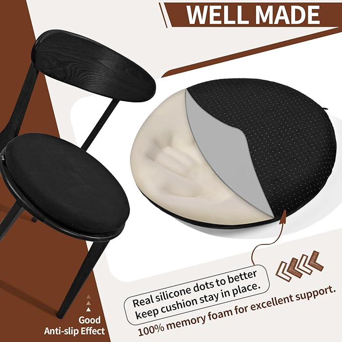 BUYUE Memory Foam Seat Cushion, Dia 16.5" Soft Velvet Round Stool Cushion Anti-Slip Chair Pads, L, Black