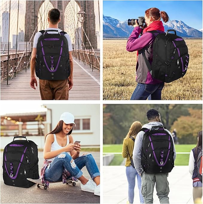 Mogplof 18.4 inch Travel Backpack Men Women, 55-60L Extra Large Laptop Backpack RFID Anti Theft TSA Friendly Flight Approved Backpacks, Water Resistant College School Heavy Duty, Purple