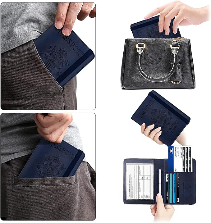 WALNEW Passport Holder for Travel, RFID Passport Cover Wallet for Women Men, PU Leather Passport Book Card Holder Case with Pen (Upgraded, Upgraded-Navy Blue)