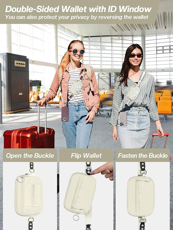 Tiostep Clip and Go Strap for Phone with Wallet Crossbody Phone Lanyard Adjustable and Detachable Wristlet Wallet with ID Window and Zipper, Beige