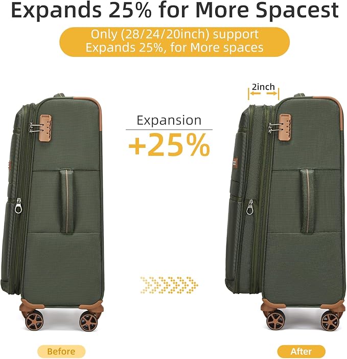 Softshell Luggage Expandable 4 Piece Set (16/20/24/28 Inch) Suitcase Softside Lightweight Luggage Travel Set Elegant Suitcase (Army Green)