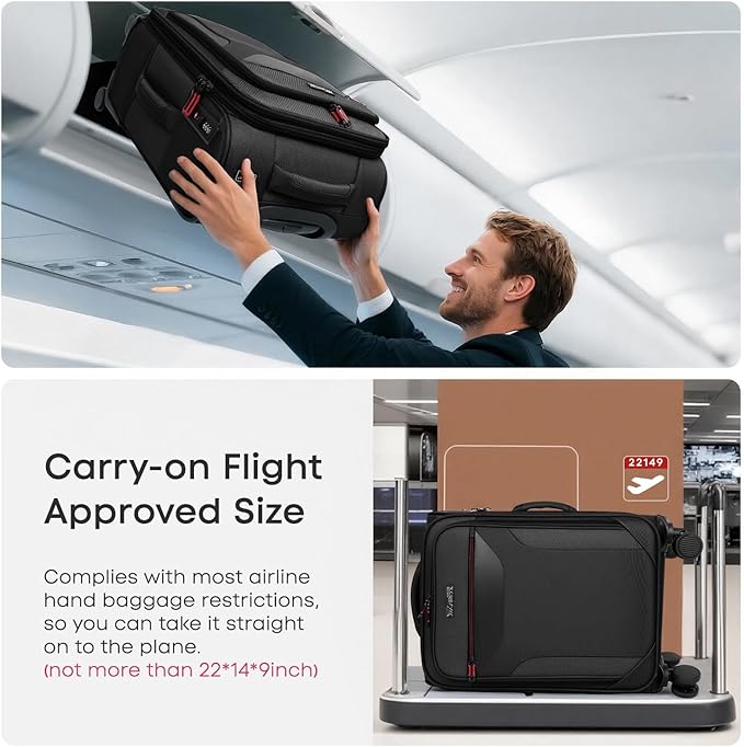 Carry on Luggage 22 X 14 X 9 Airline Approved,22 Inch Softside Suitcases w/TSA LOCK,Lightweight Carry-On Suitcase w/Spinner Wheels,Upright Softshell Luggage for Men/Women（Black,22in）