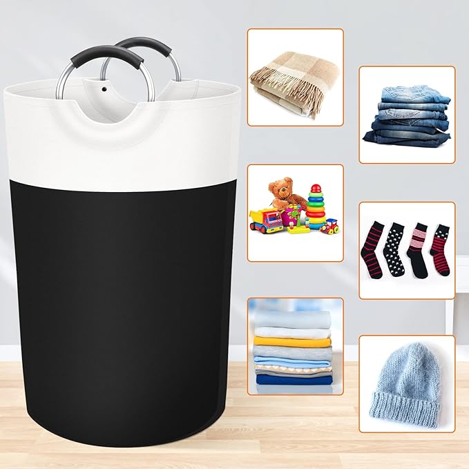 BlissTotes Laundry Basket, Laundry Hamper, Collapsible Laundry Baskets, Dirty Clothes Hamper, Waterproof Laundry Basket with Foam Protected Aluminum Handles for College Dorm, Family 115L (Black)