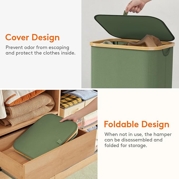 Lifewit 100L Laundry Basket with Lid, Clothes Hampers for Laundry with Bamboo Handles and 1 Removable Bag, Large Foldable Laundry Hamper for Bedroom, Bathroom, Dorm, Laundry Room, Green