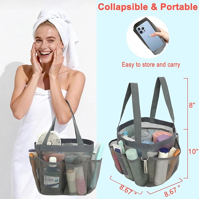 Fammart Mesh Shower Caddy Portable for College Dorm Room Essentials, 8-Pocket Large Shower Basket Tote Bag with 2 Handles for Toiletry, Bathroom, Beach, Camp, Gym