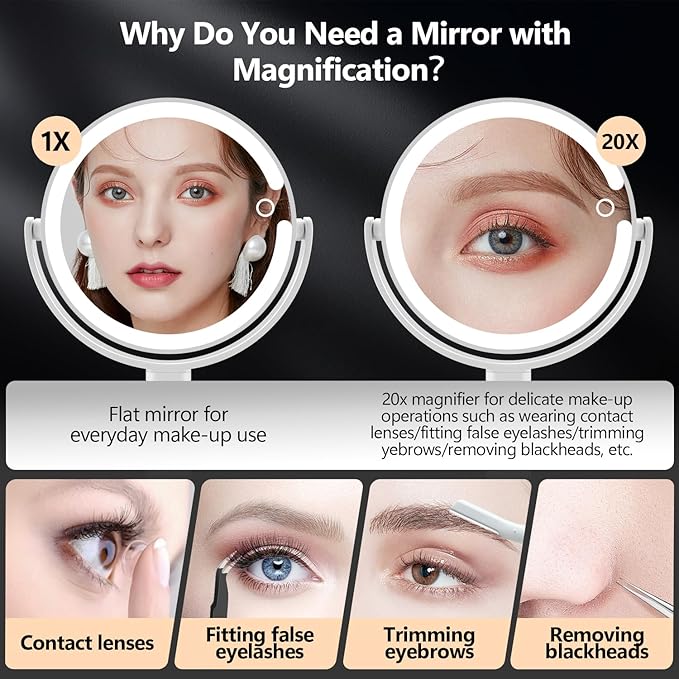 MIYADIVA Makeup Mirror with Lights,20X Magnifying Mirror with Light and Touch Switch,Vanity Mirror with 3 Color Light and 80 LEDs,2-Sided Lighted Magnified Mirror 8.8 Inches