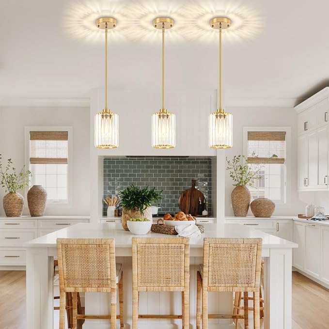 3 Pack Brushed Brass Pendant Lights Over Island Kitchen Light Fixture | Adjustable Height Hallway Ceiling Lights, Modern Crystal Hanging Pendant Lighting for Dining Room Bathroom Above Sink