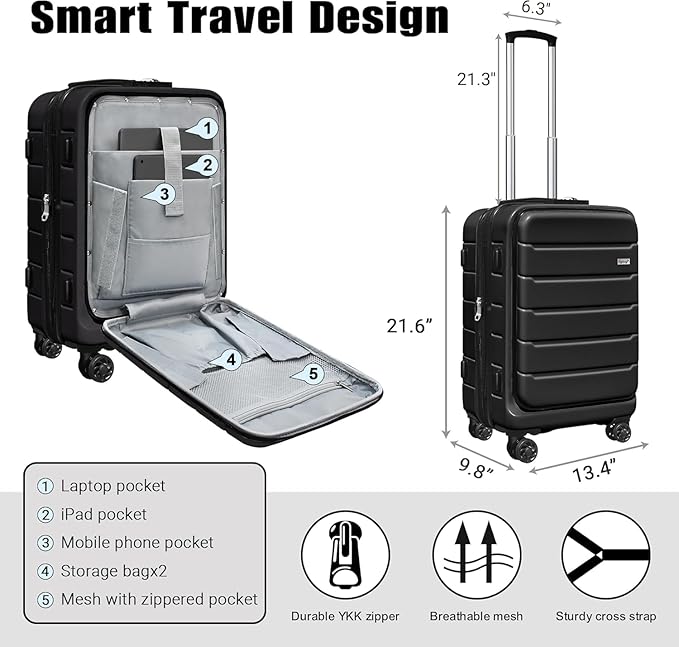 SmileLine 20 inch Carry-On, Lightweight Hardside Suitcase, Expandable Small Suitcase with Front Pocket, Black