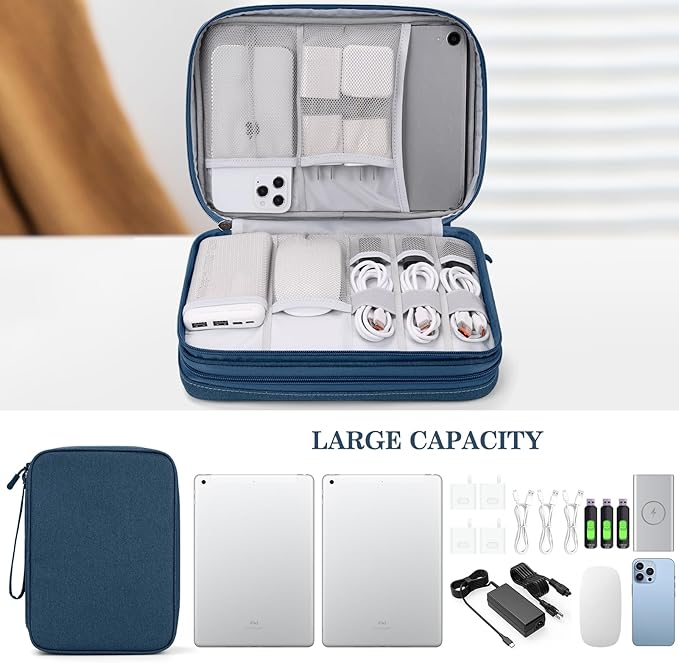 FYY Electronic Organizer, Extra Large Travel Cable Organizer Bag Pouch Portable Waterproof Double Layers All-in-One Storage Bag for iPad, Cable, Power Bank, Laptop Charger for Office/Home, Navy