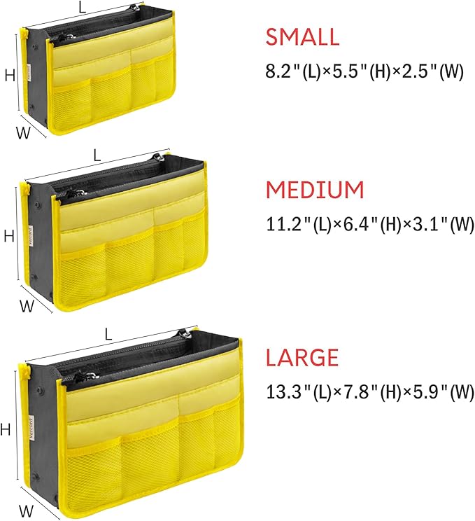 Vercord Purse Organizer Insert for Handbags Bag Organizers Inside Tote Pocketbook Women Nurse Nylon 13 Pockets Yellow Small