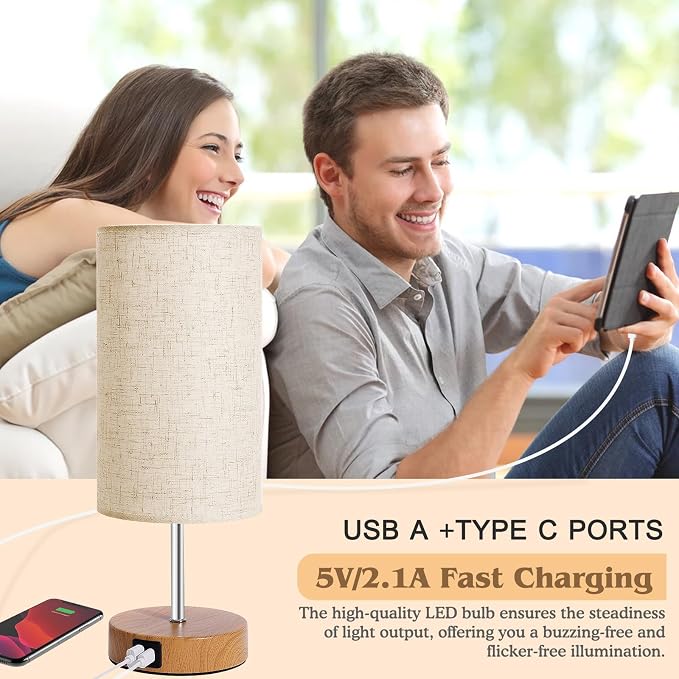 UNIFUN Touch Bedside Lamps 2 Pack, 4-Way Dimmable with USB-C Charging Port | 4-Way Touch Dimmable Control，USB-A and Type-C ports，Natural wood base paired with a soft linen fabric shade，Warm Minimalist