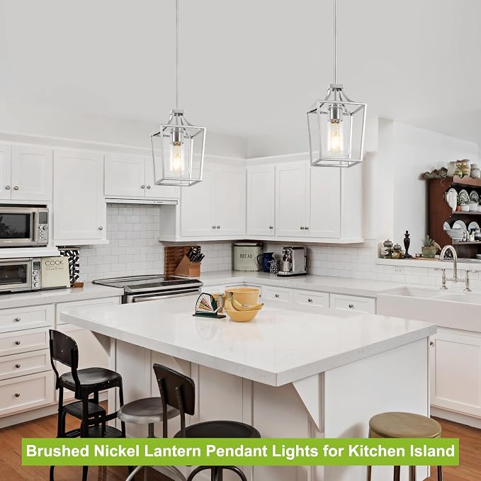 foucasal Brushed Nickel Lantern Pendant Light for Kitchen Island 6.69" | 1 Light, E26 Ceramic Socket, Clear Glass Shade, Adjustable Height Rods, Ideal for Kitchen Dining Room Foyer Hallway Entrance