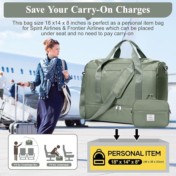 Travel Duffel Bag for Women, Carry-on Overnight Weekender Bags with Wet Pocket & Toiletry Bag, For Spirit Airlines 18x14x8 Personal Item Bag,Small,Olive Green