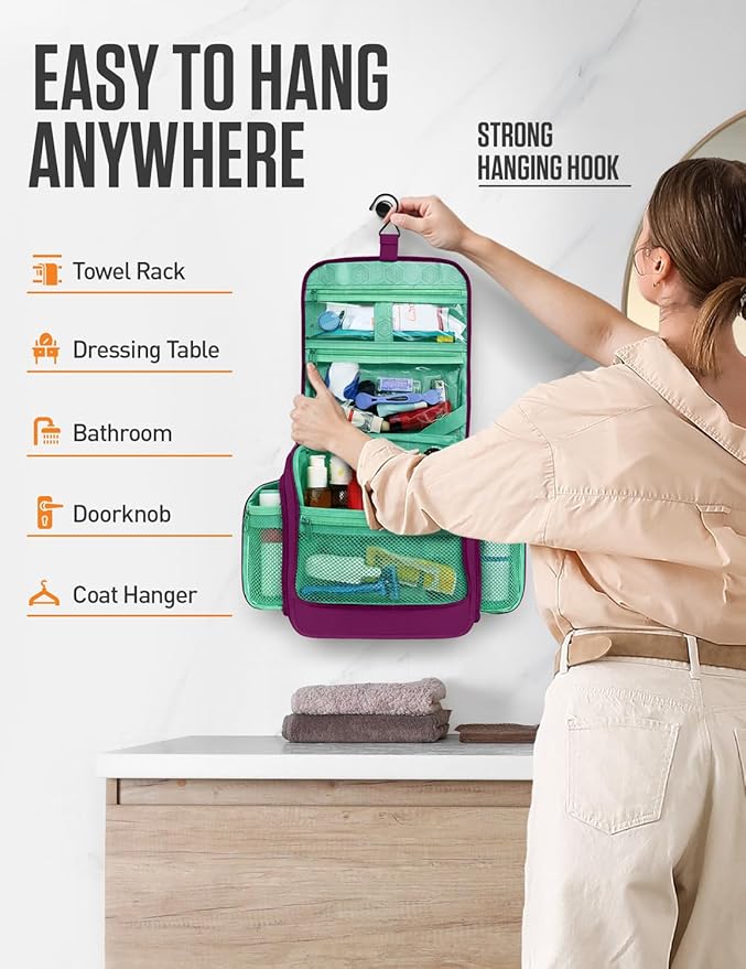 VENTURE 4TH Hanging Travel Toiletry Bag for Women & Men – Large Toiletry Organizer with 18 Compartments, Removable TSA Pouch, Travel Wash Bag for Toiletries, Makeup & Shaving Kit (Purple/Mint)