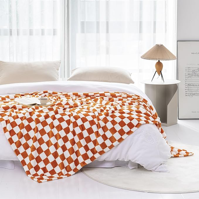 LOMAO Throw Blankets Flannel Blanket with Checkerboard Grid Pattern Soft Throw Blanket for Couch, Bed, Sofa Luxurious Warm and Cozy for All Seasons (Orange, 40"x60")
