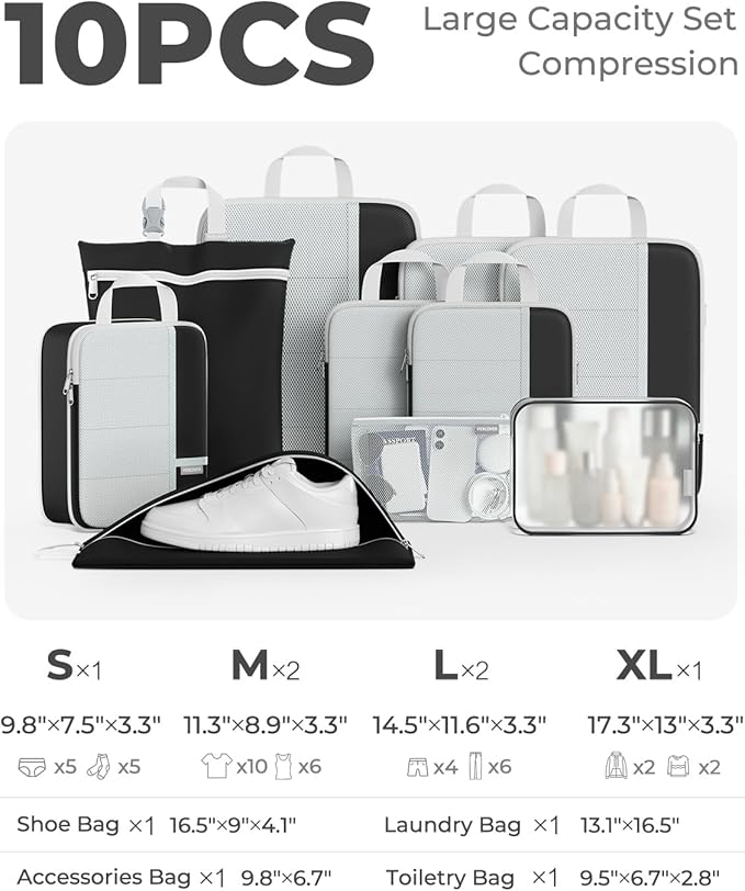 Percover Compression Packing Cubes 10-Piece Set, Packing Cubes Compression for Travel with Toiletry Bag, Laundry Bag & Shoe Bag, All-in-One Travel Organizer for Carry On & Checked Luggage, Black
