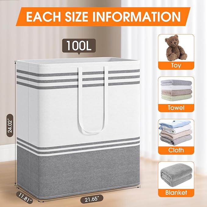 3 Pack Large Laundry Baskets, Laundry Hampers, Freestanding Waterproof Collapsible Clothes Bag with Extended & Reinforced Handles - Clothes Basket for Dorm, Bathroom, Home (100L)